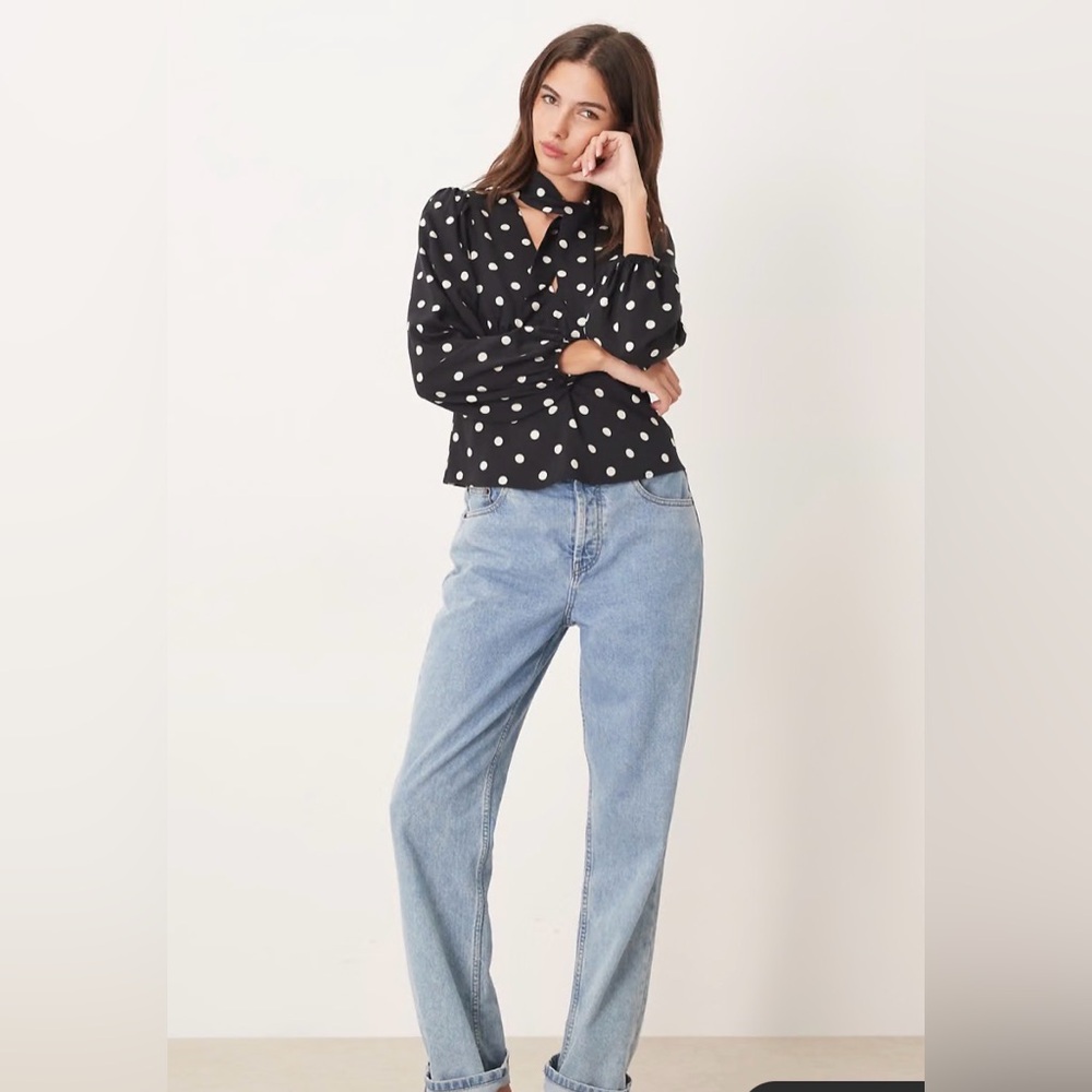 New York & Company Black Blouse with White Polka Dots
